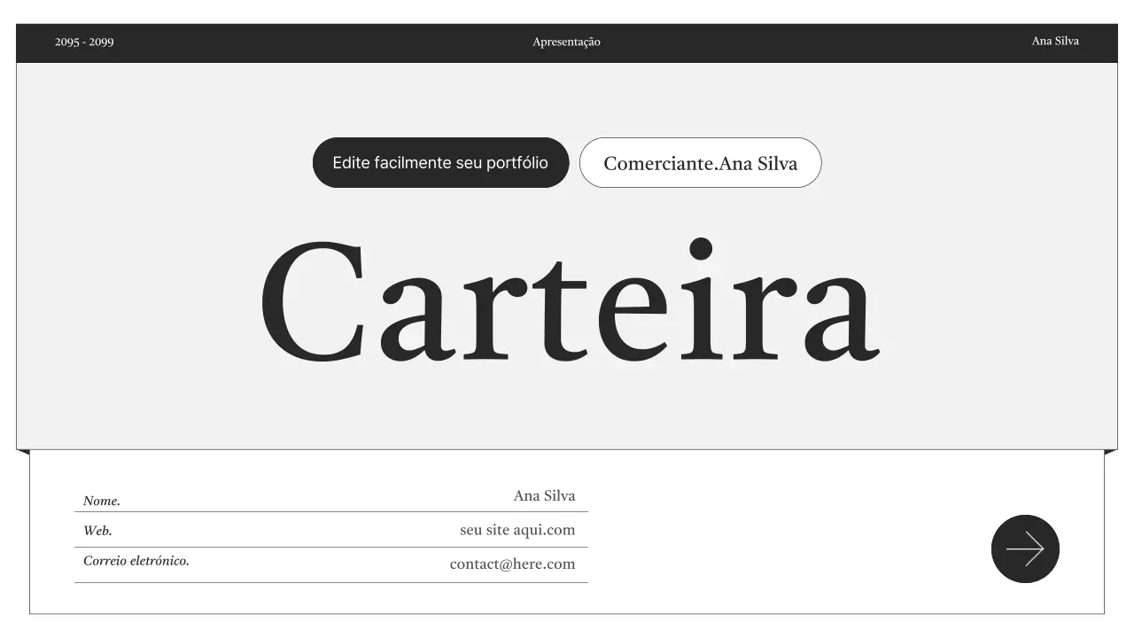 Entrega de informações de portfólio minimalista em preto e branco