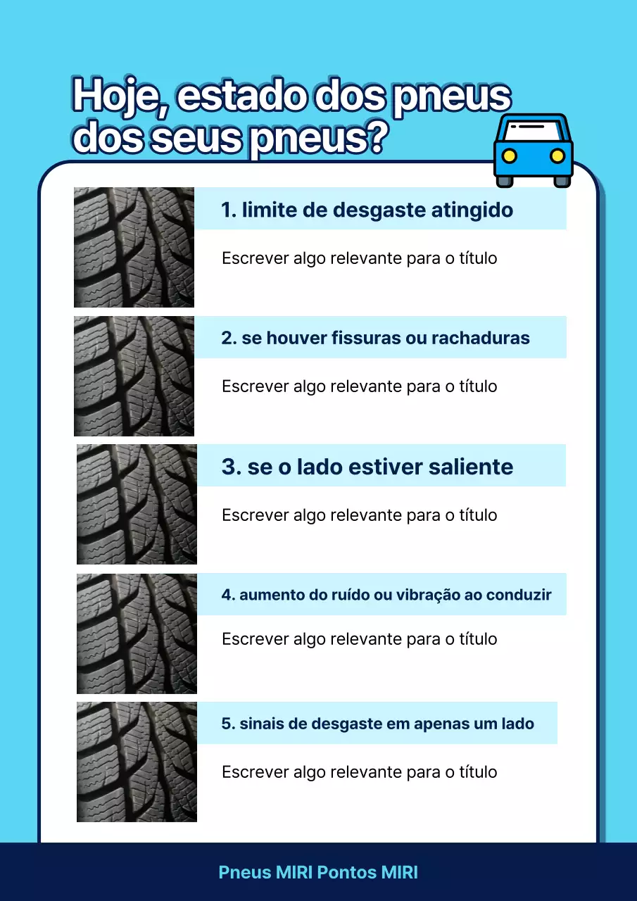 Informações sobre a condição dos pneus em pop art em azul celeste e branco