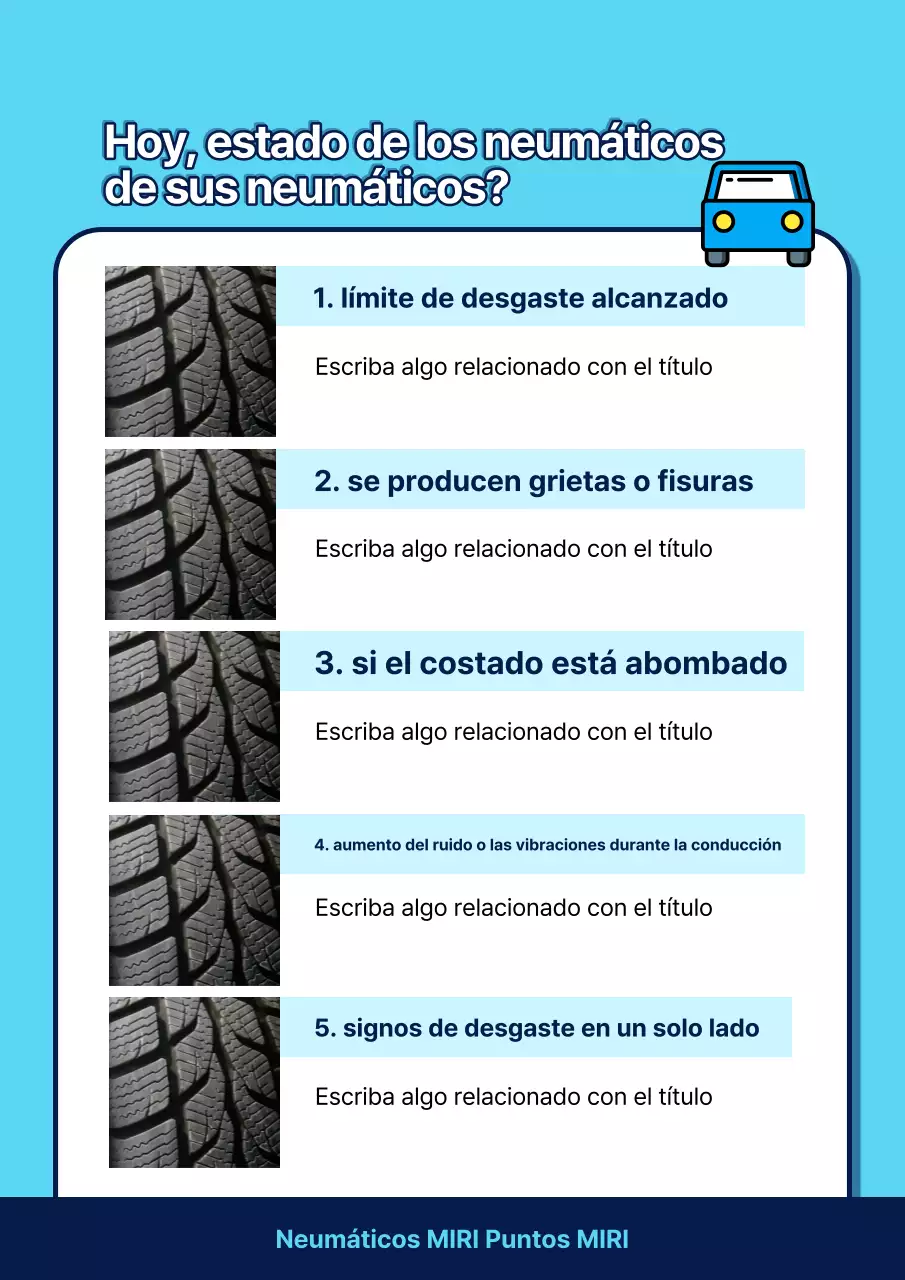 Información de verificación del estado de los neumáticos en estilo pop art en azul cielo y blanco.