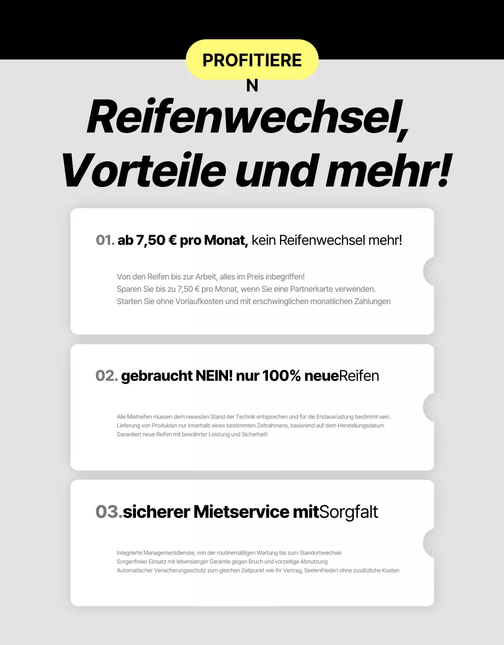 Schwarze moderne Reifenvermietungsanzeige