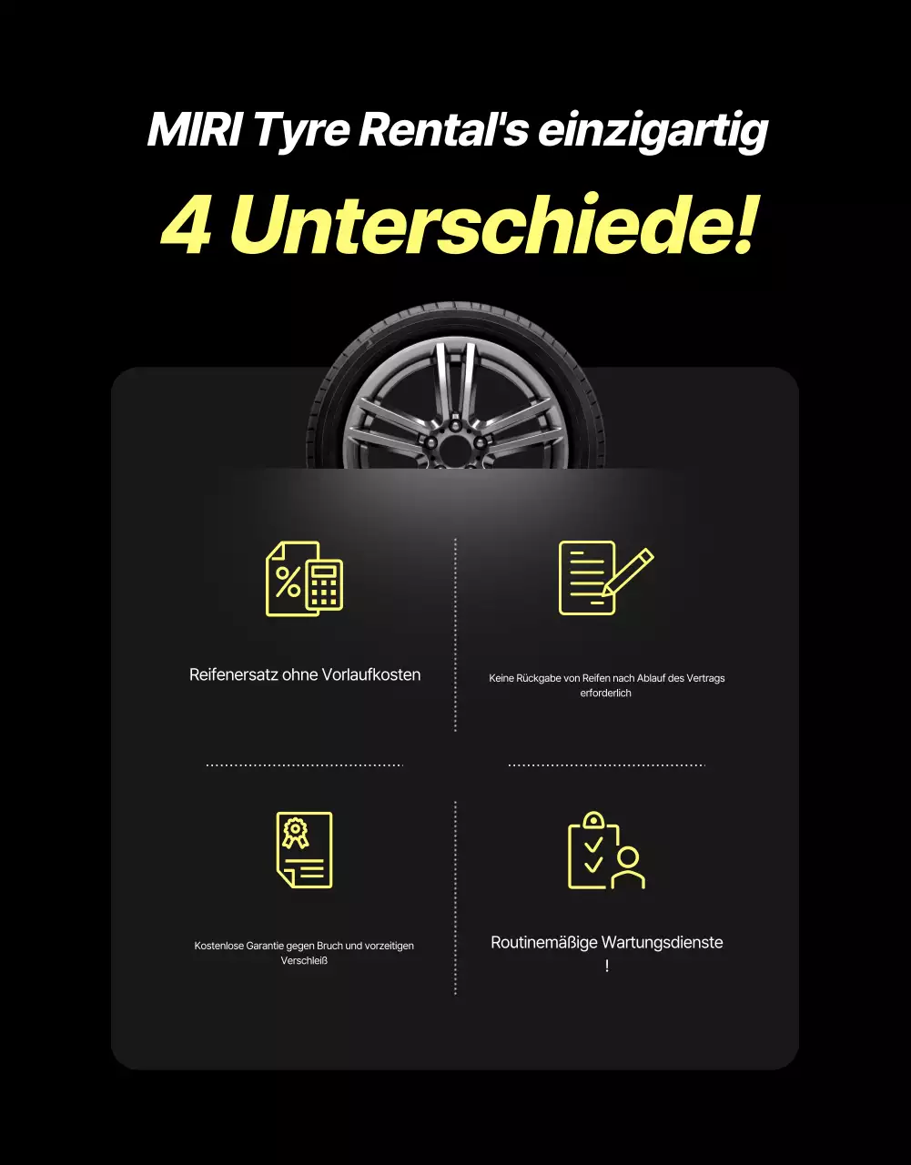 Schwarze moderne Reifenvermietungsanzeige