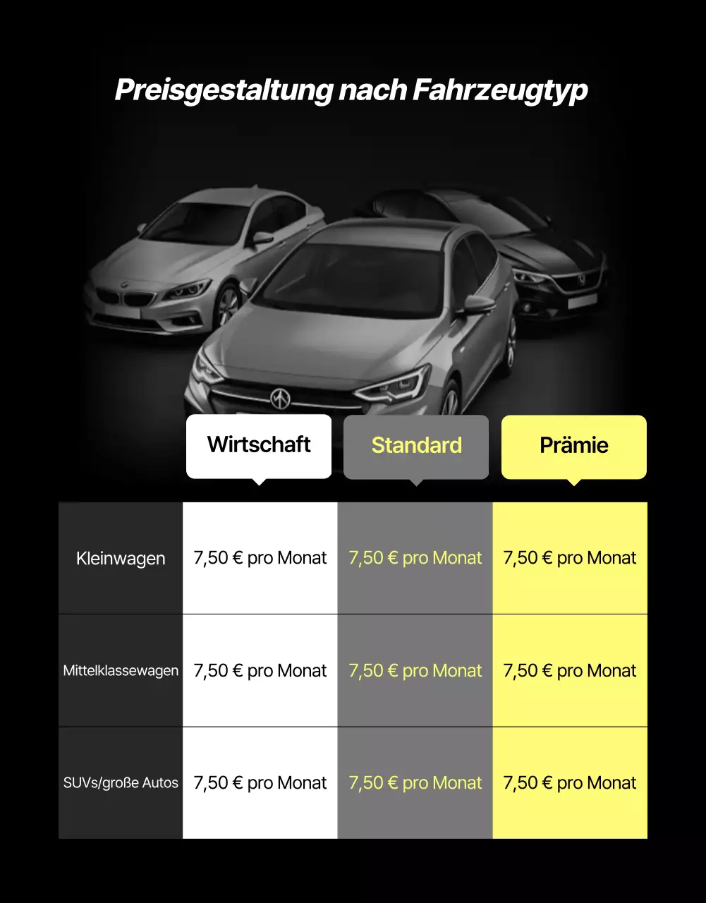 Schwarze moderne Reifenvermietungsanzeige