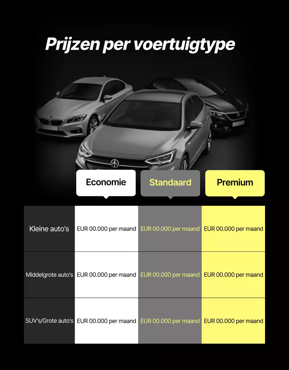 Advertentie voor verhuur van zwarte moderne banden
