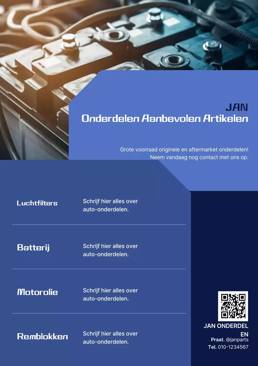 Advertentie voor blauwe moderne auto-onderdelen