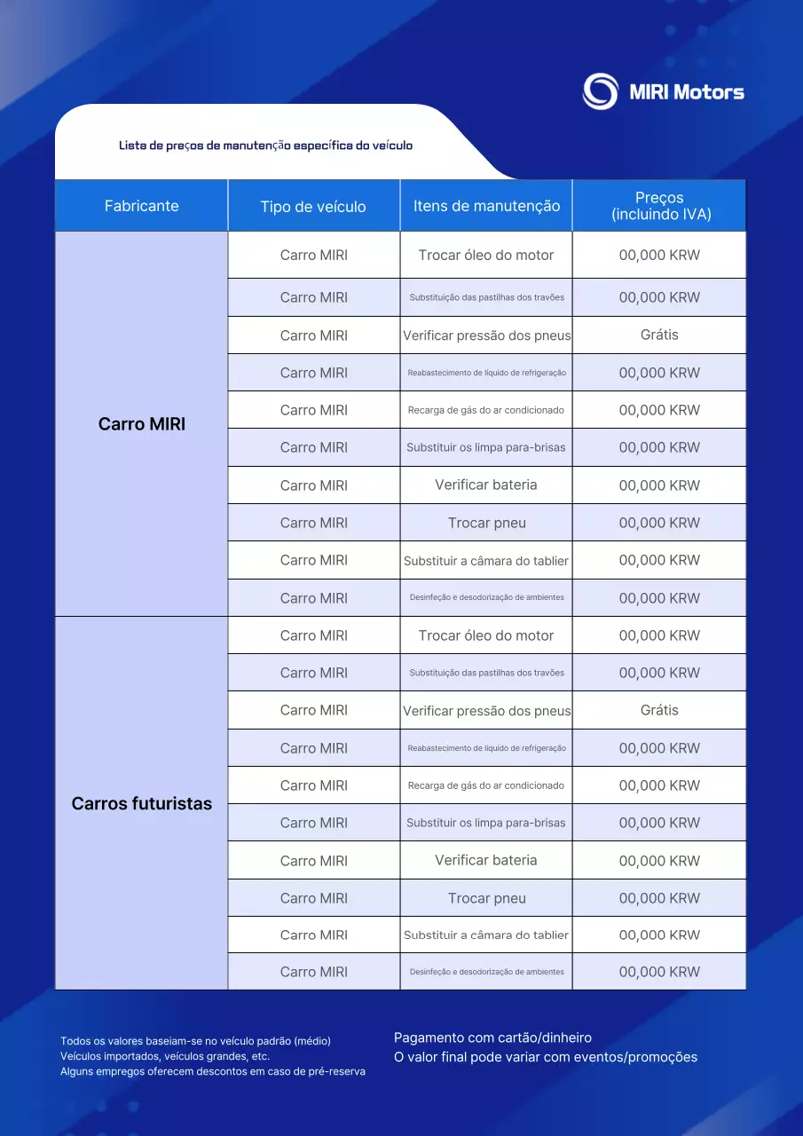 Guia de Lista de Preços de Manutenção de Carros Blue Clean