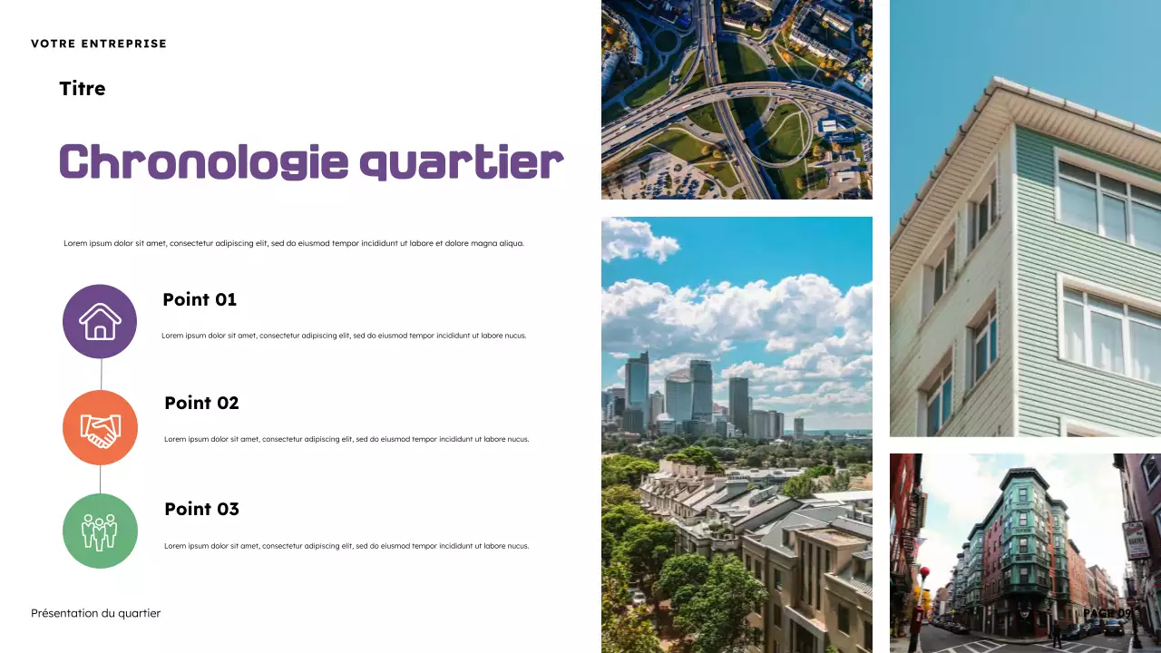 Présentation illustrative du quartier en orange et violet