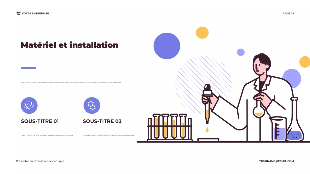 Présentation d'une expérience scientifique illustrative en violet et orange