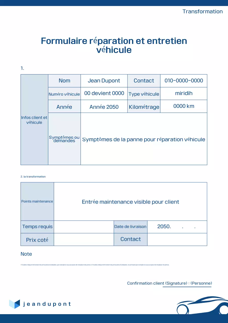 Manuel d'entretien de la voiture Blue Clean