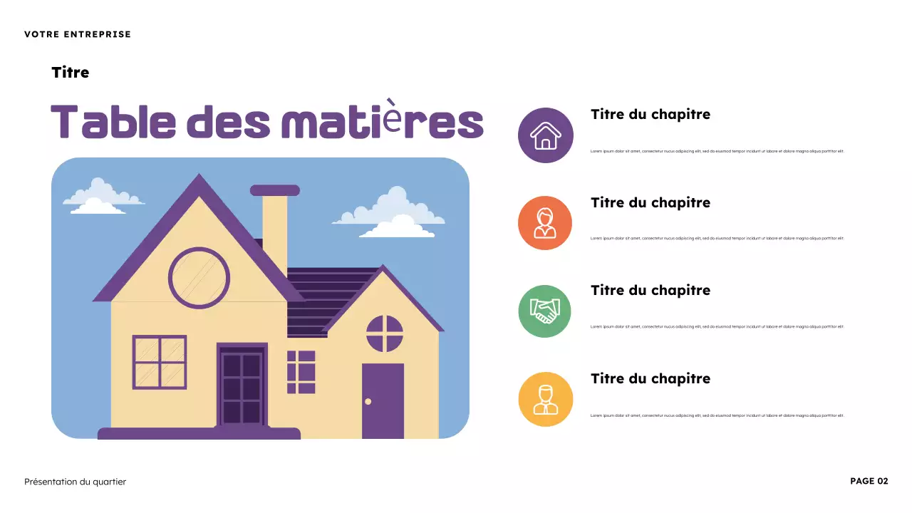 Présentation illustrative du quartier en orange et violet