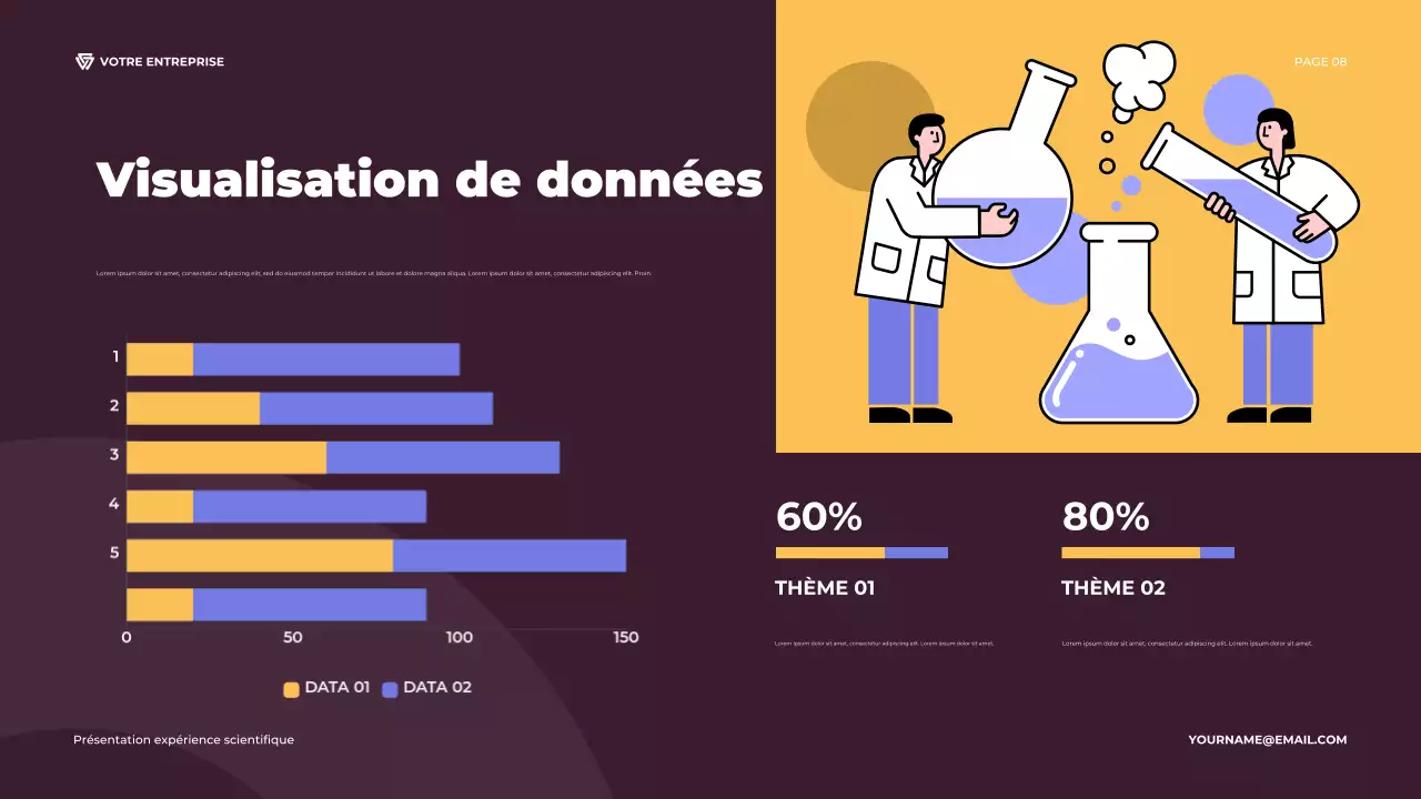 Présentation d'une expérience scientifique illustrative en violet et orange