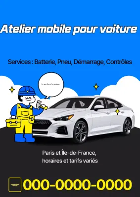 Publicité pop art bleue et jaune pour un atelier de réparation automobile