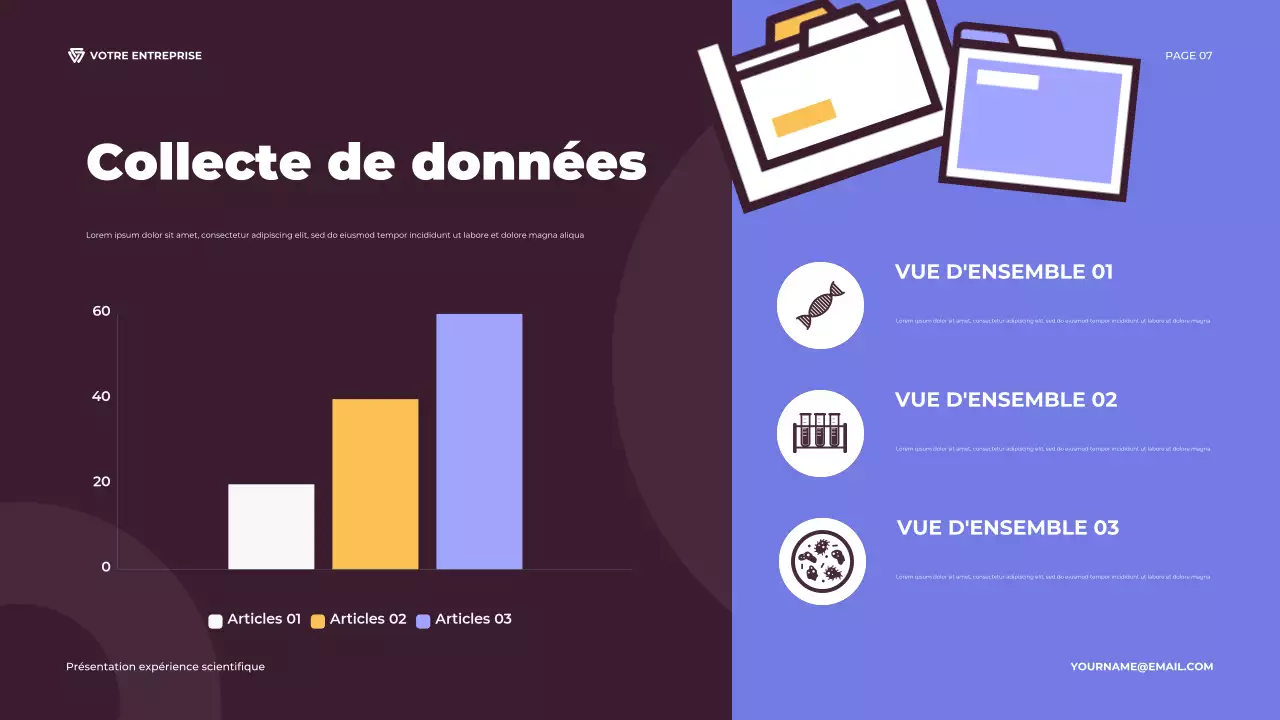 Présentation d'une expérience scientifique illustrative en violet et orange