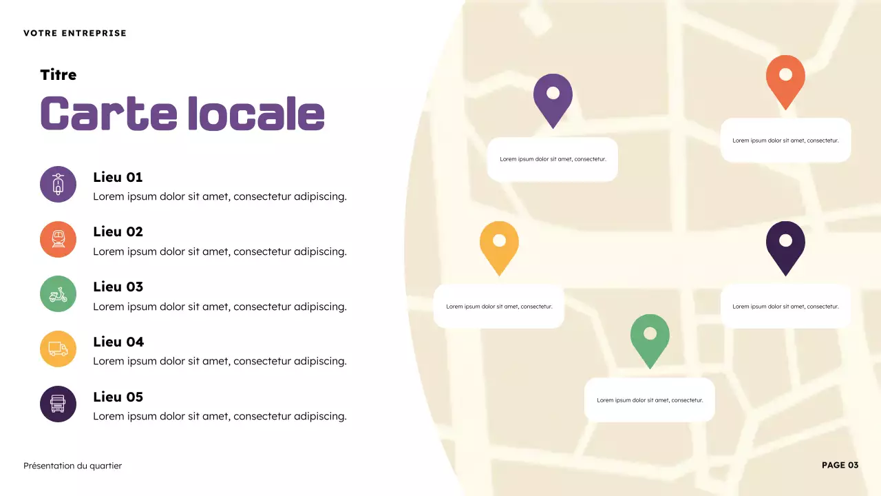 Présentation illustrative du quartier en orange et violet