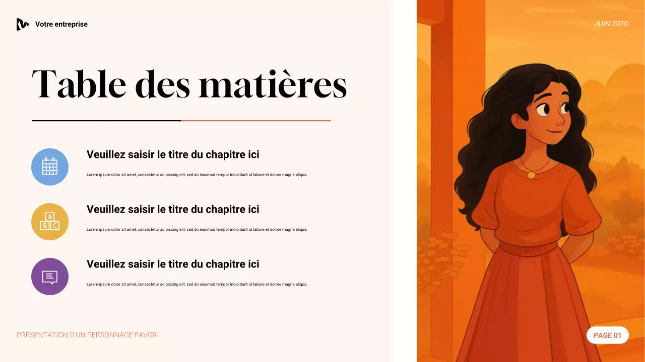 Présentation du personnage préféré esthétique violet, vert et orange