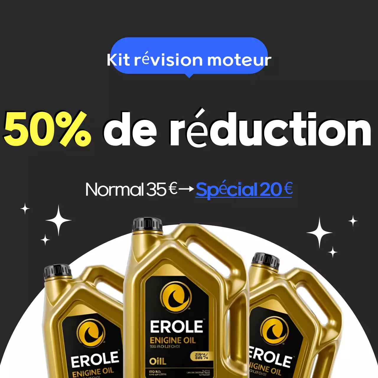 Publicité simple en noir et bleu pour un événement de remise sur un atelier de réparation automobile