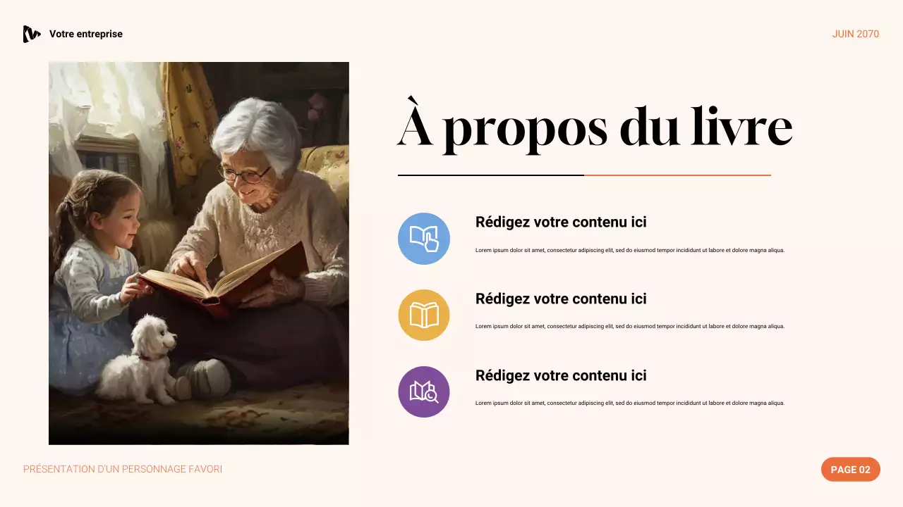 Présentation du personnage préféré esthétique violet, vert et orange