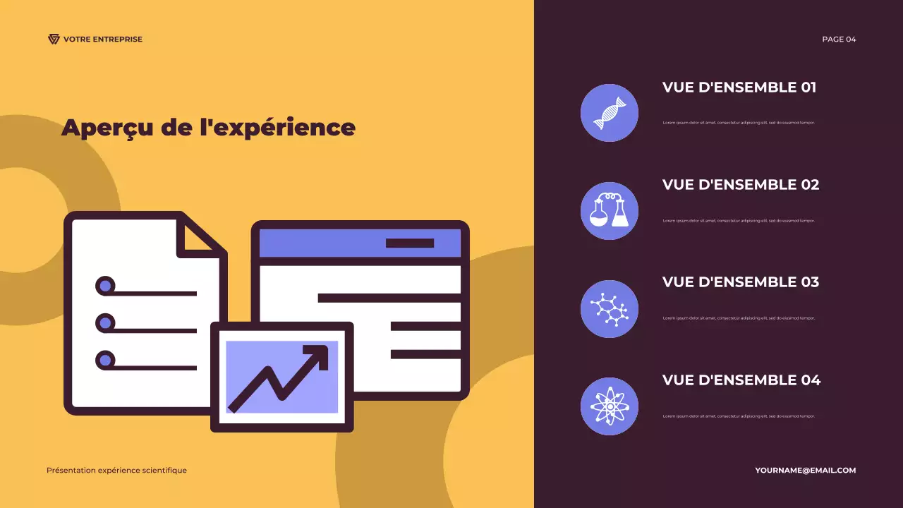 Présentation d'une expérience scientifique illustrative en violet et orange