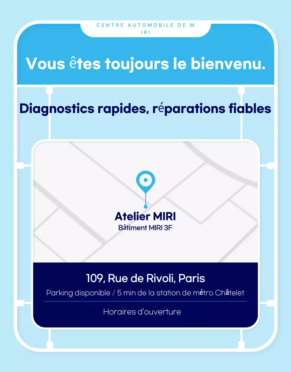 Publicité de réparation automobile moderne bleu ciel