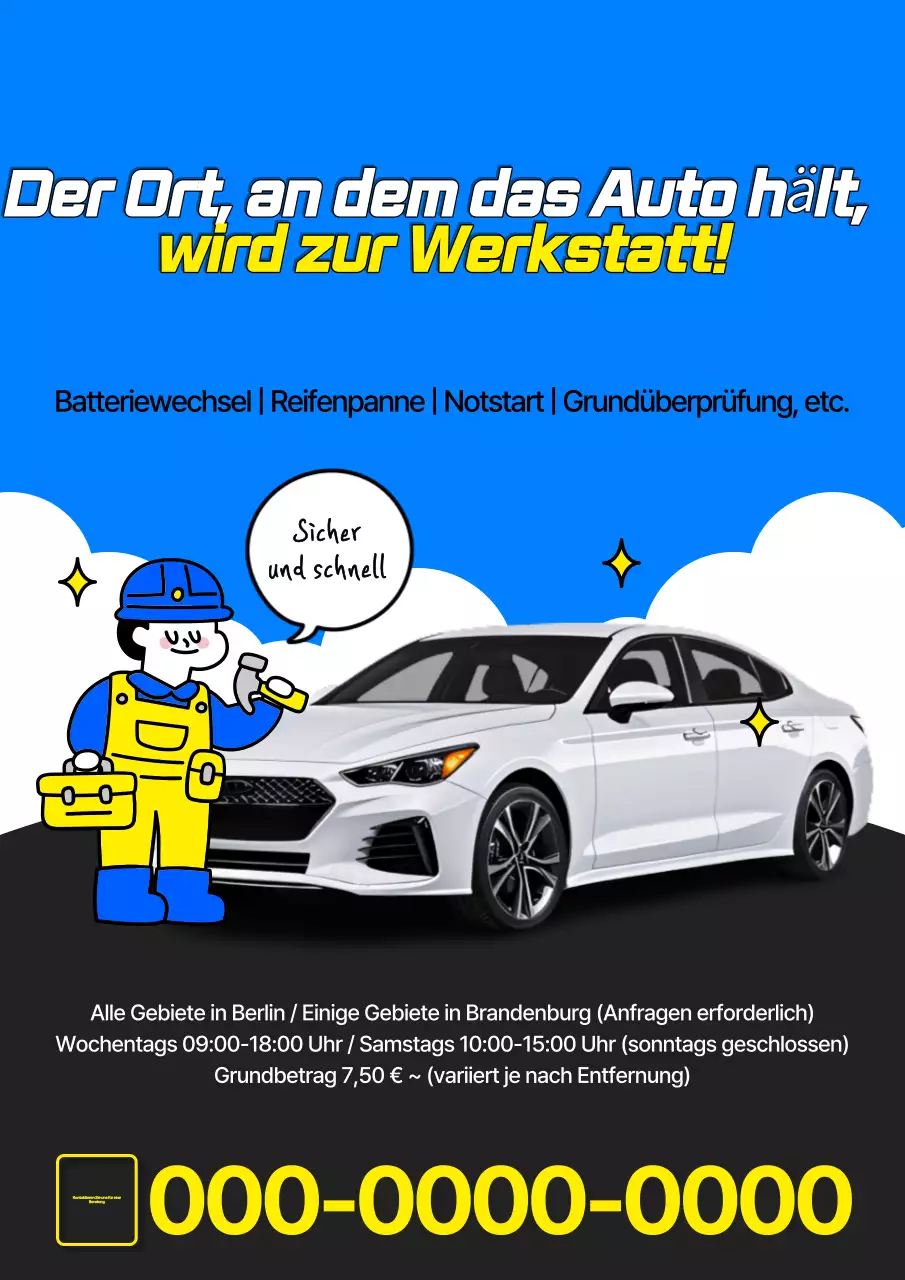 Blaue und gelbe Pop-Art-Werbung für eine Autowerkstatt