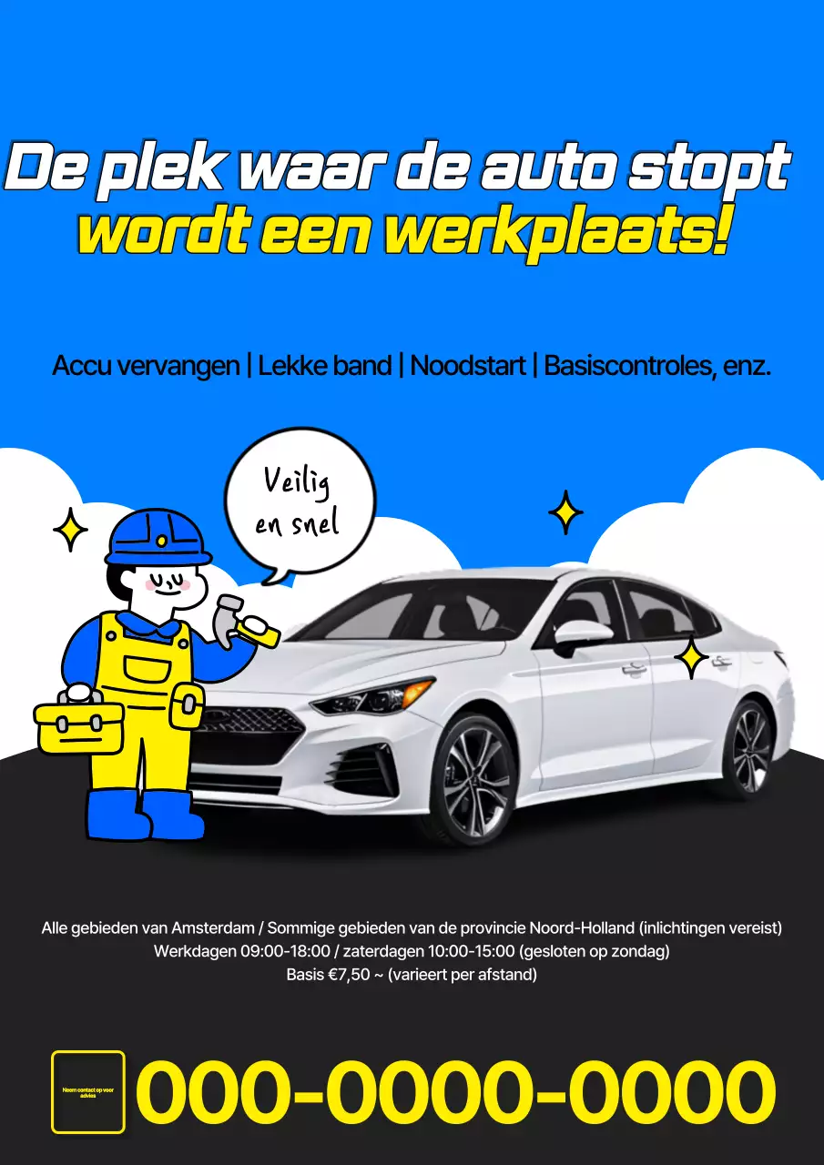 Blauwe en gele pop-art autoreparatiewerkplaatsadvertentie