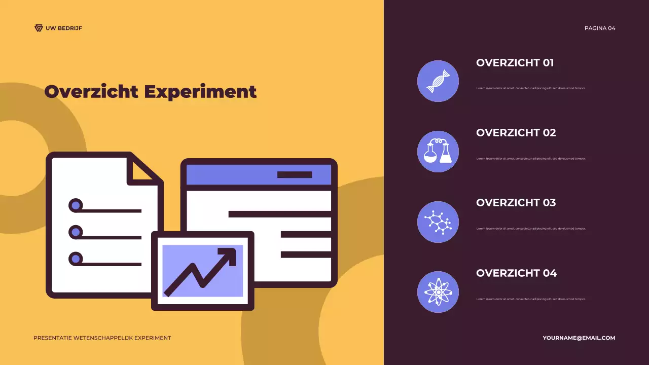 Illustratieve presentatie van een paars en oranje wetenschappelijk experiment