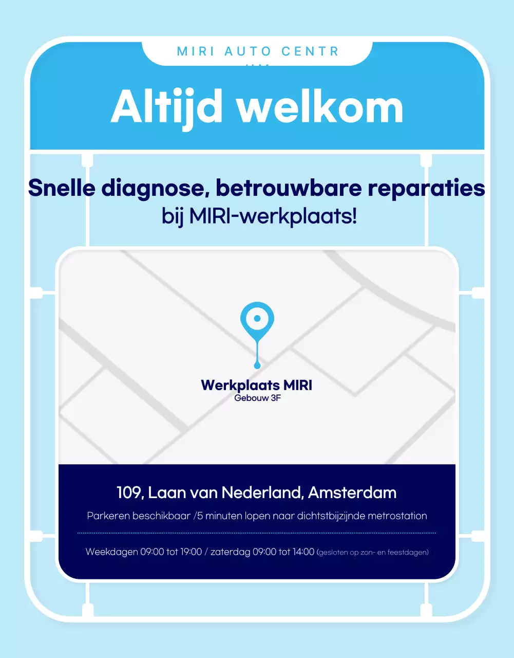 Advertentie voor moderne autoreparatie in hemelsblauw