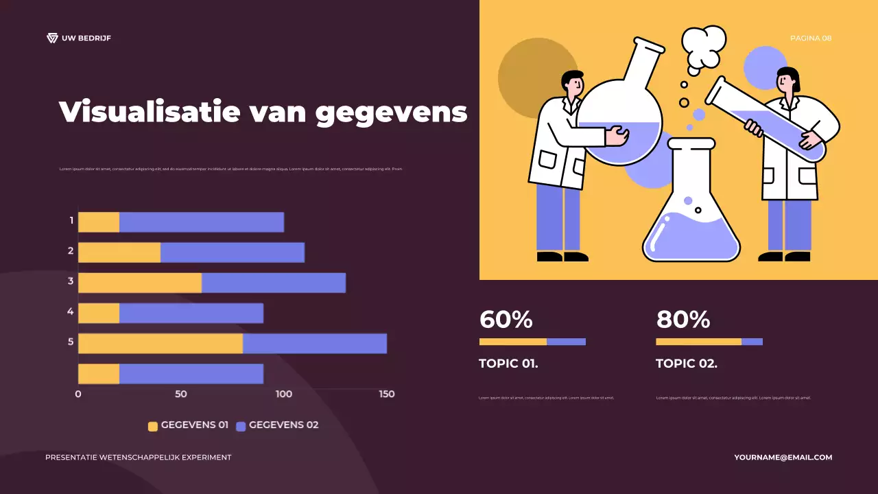 Illustratieve presentatie van een paars en oranje wetenschappelijk experiment