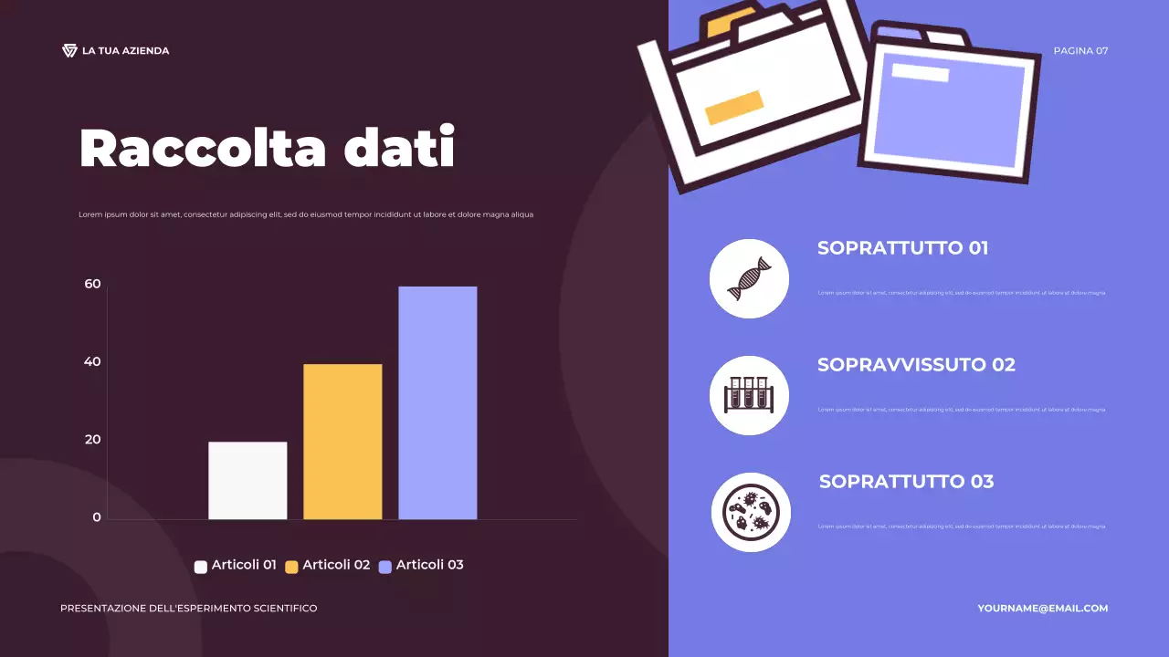 Presentazione di un esperimento scientifico illustrativo viola e arancione