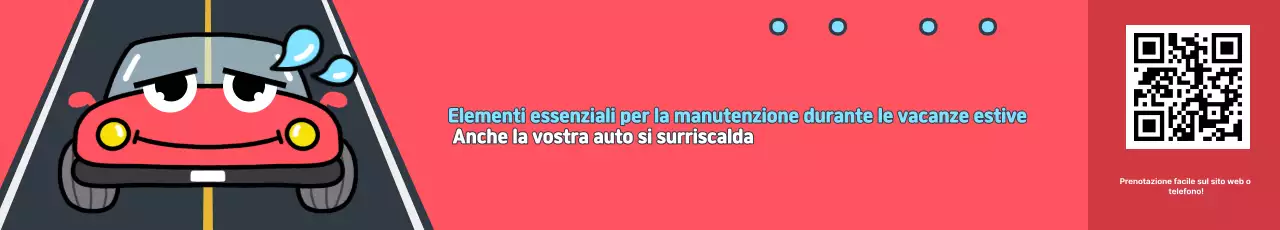 Pubblicità di un'officina di riparazione e manutenzione auto per le vacanze estive in stile pop art rossa e bianca