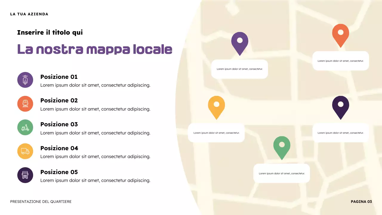 Presentazione illustrativa del quartiere arancione e viola