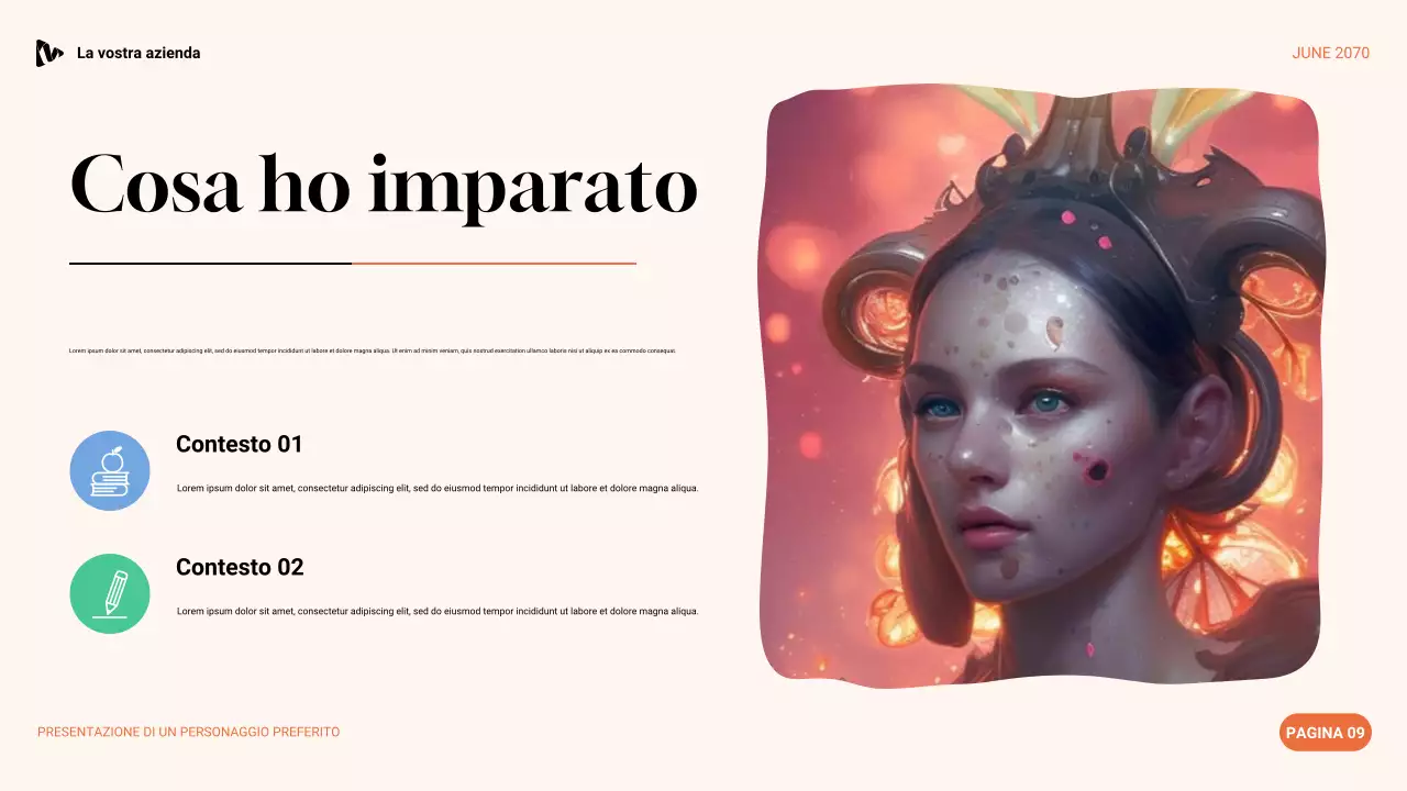 Presentazione del personaggio preferito con estetica viola, verde e arancione