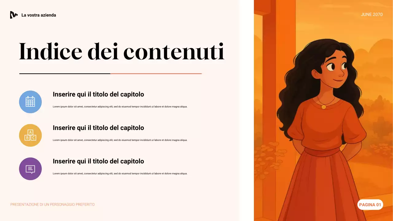 Presentazione del personaggio preferito con estetica viola, verde e arancione