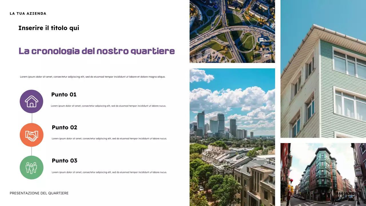 Presentazione illustrativa del quartiere arancione e viola