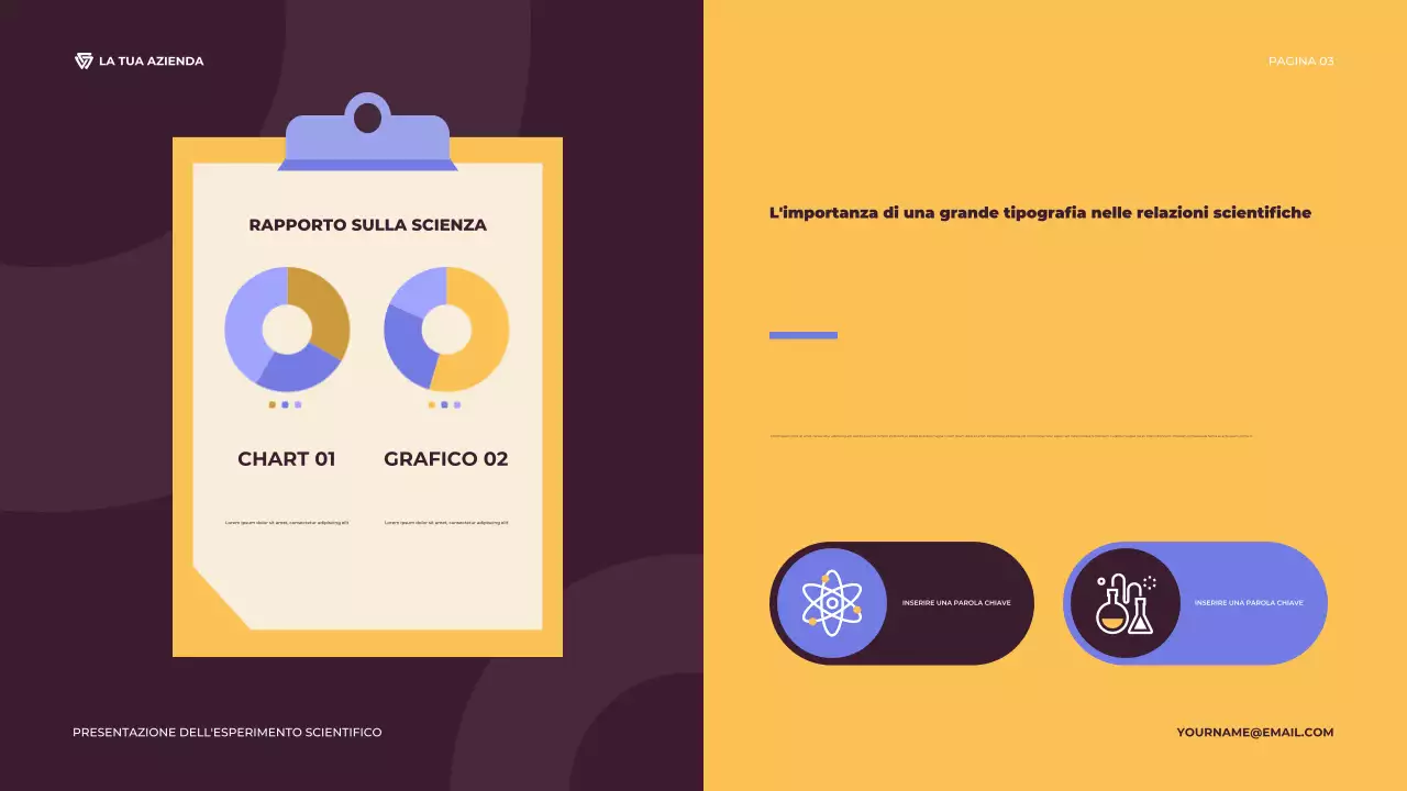 Presentazione di un esperimento scientifico illustrativo viola e arancione