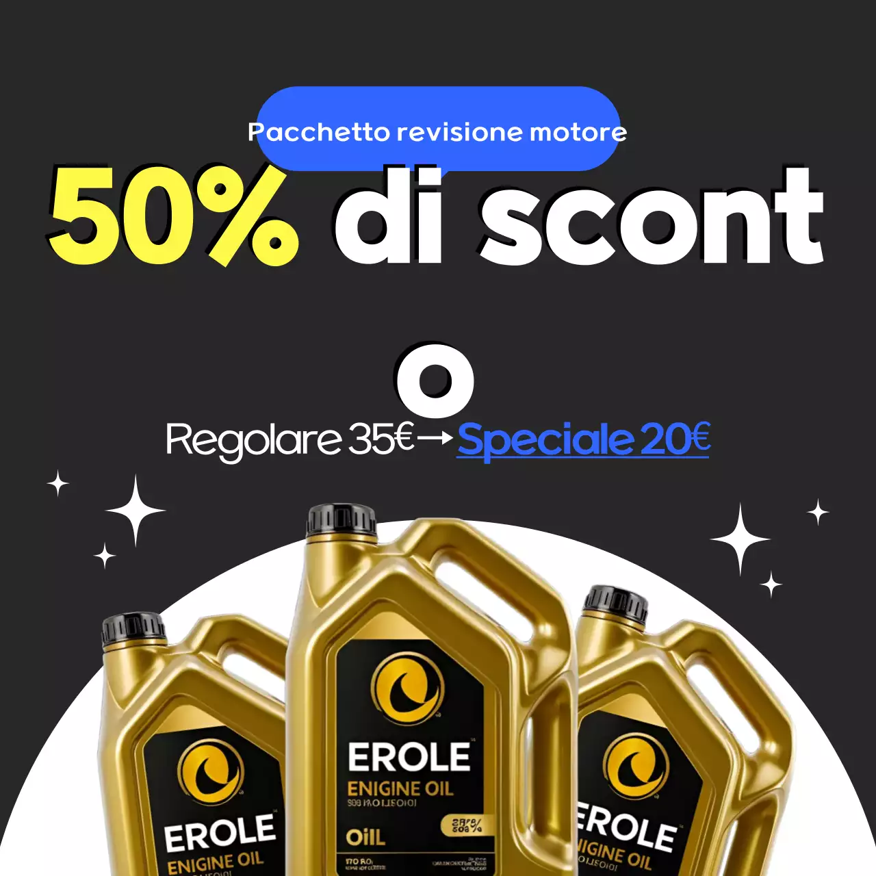 Pubblicità semplice di un evento scontato per un'officina di riparazione auto in nero e blu