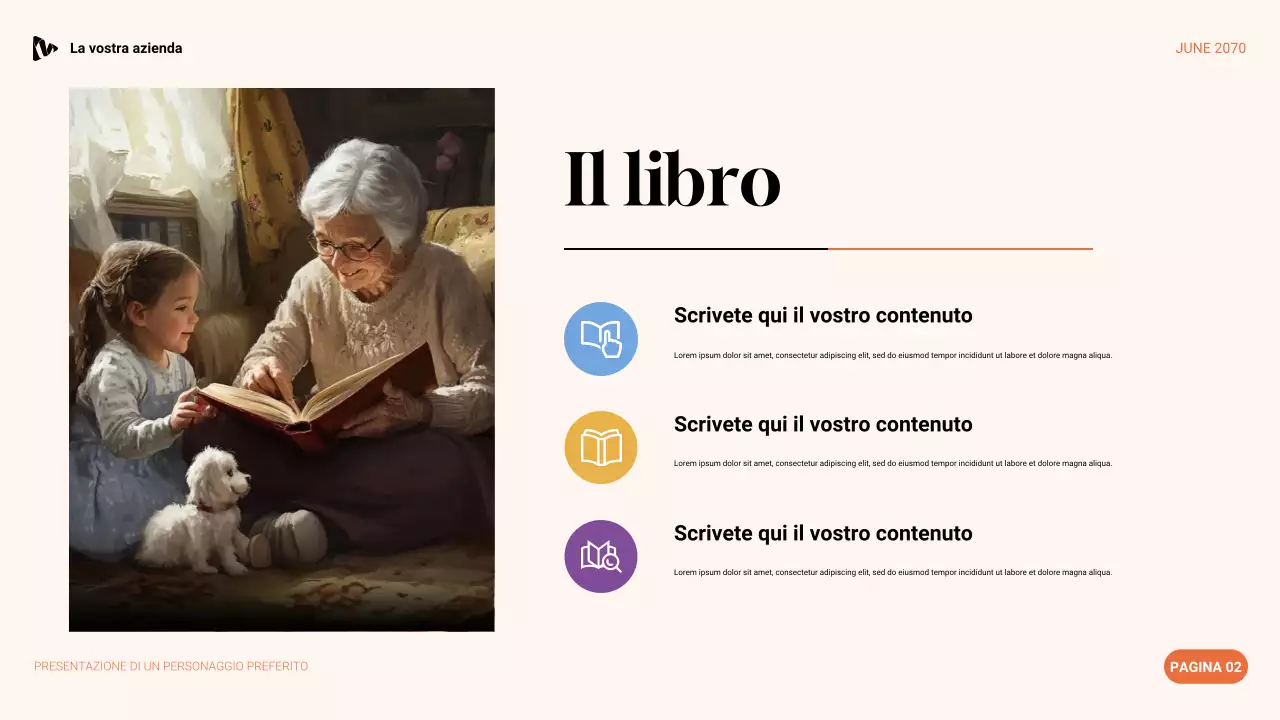 Presentazione del personaggio preferito con estetica viola, verde e arancione