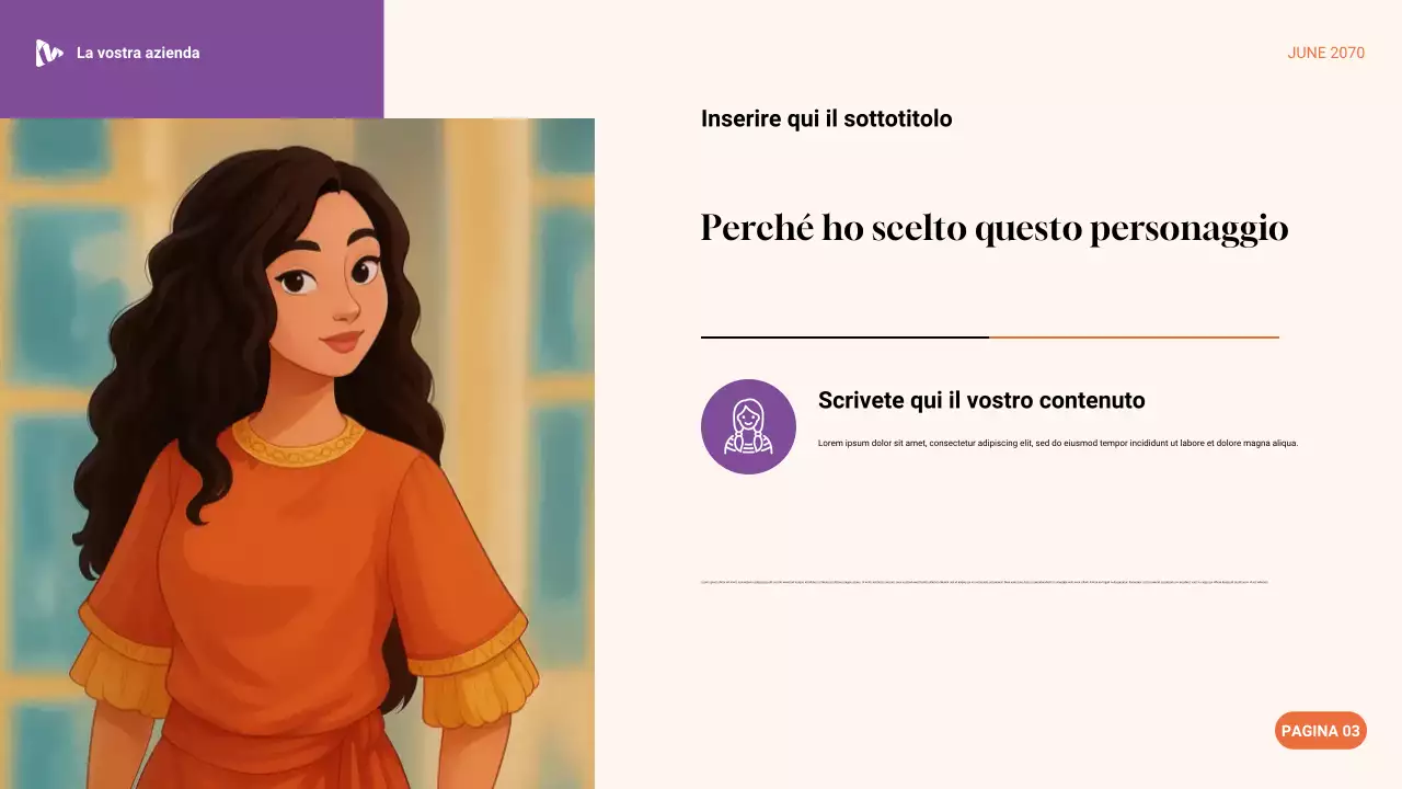 Presentazione del personaggio preferito con estetica viola, verde e arancione