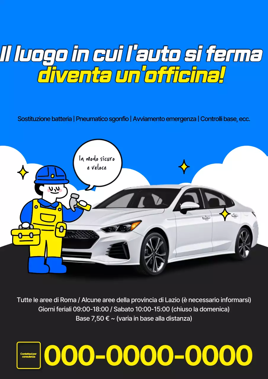 Pubblicità di un'officina di riparazione auto in stile pop art blu e giallo