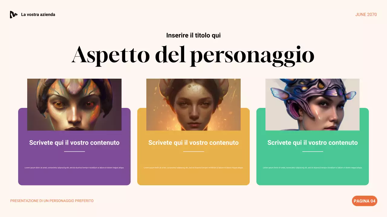 Presentazione del personaggio preferito con estetica viola, verde e arancione