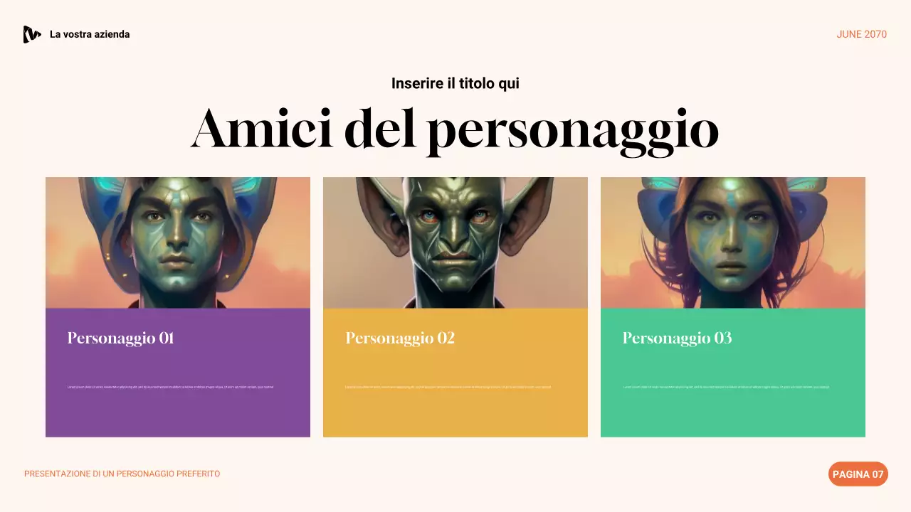 Presentazione del personaggio preferito con estetica viola, verde e arancione