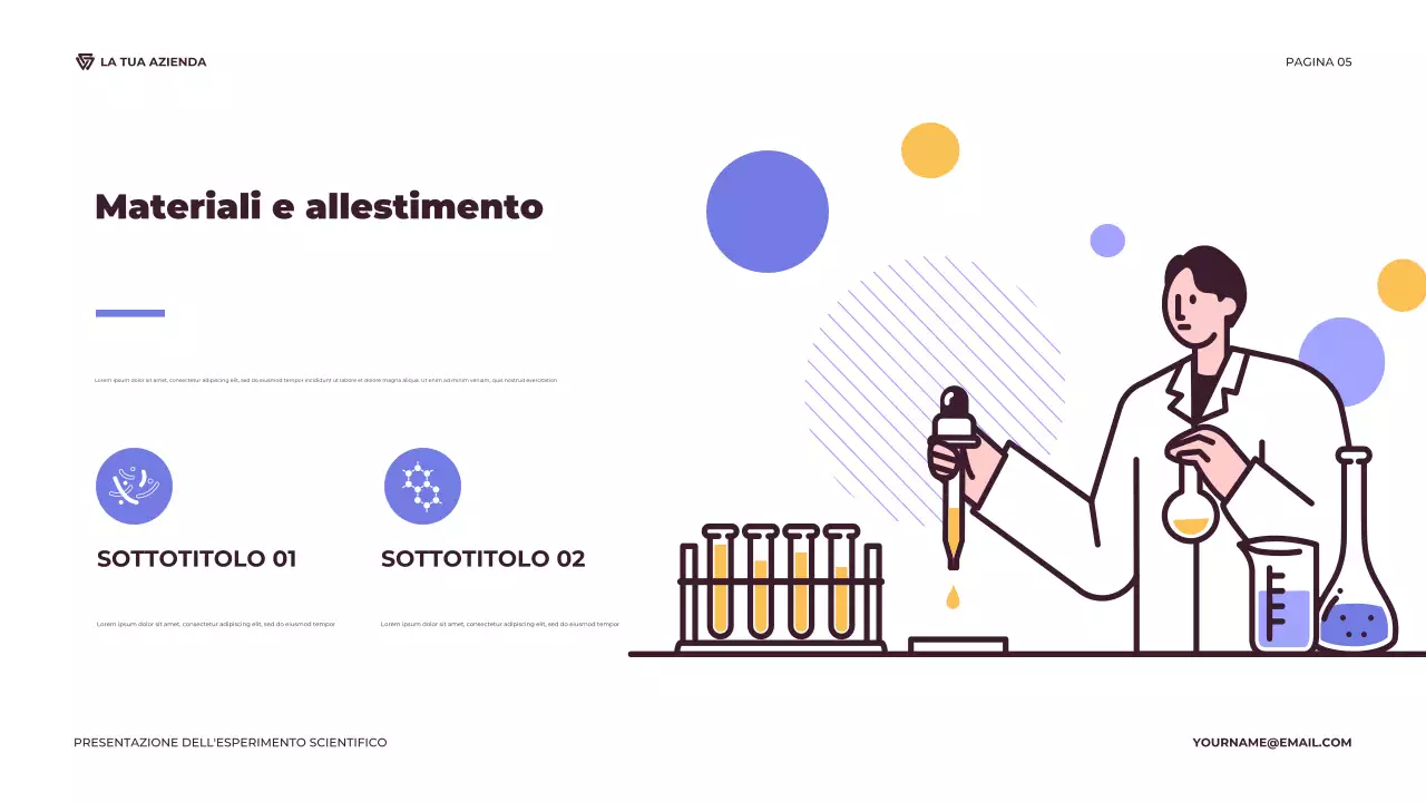 Presentazione di un esperimento scientifico illustrativo viola e arancione