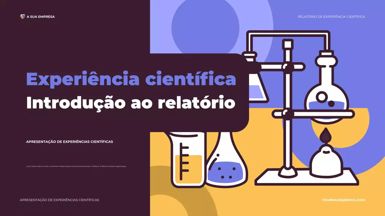 Apresentação de experimento científico ilustrativo em roxo e laranja