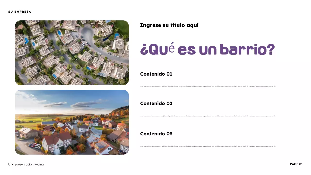 Presentación ilustrativa del vecindario naranja y morado