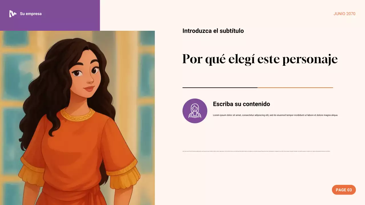 Presentación de personaje favorito con estética púrpura, verde y naranja