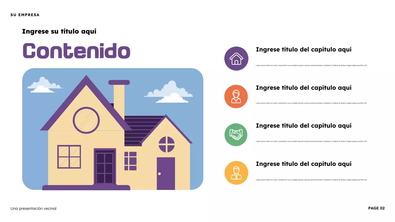 Presentación ilustrativa del vecindario naranja y morado
