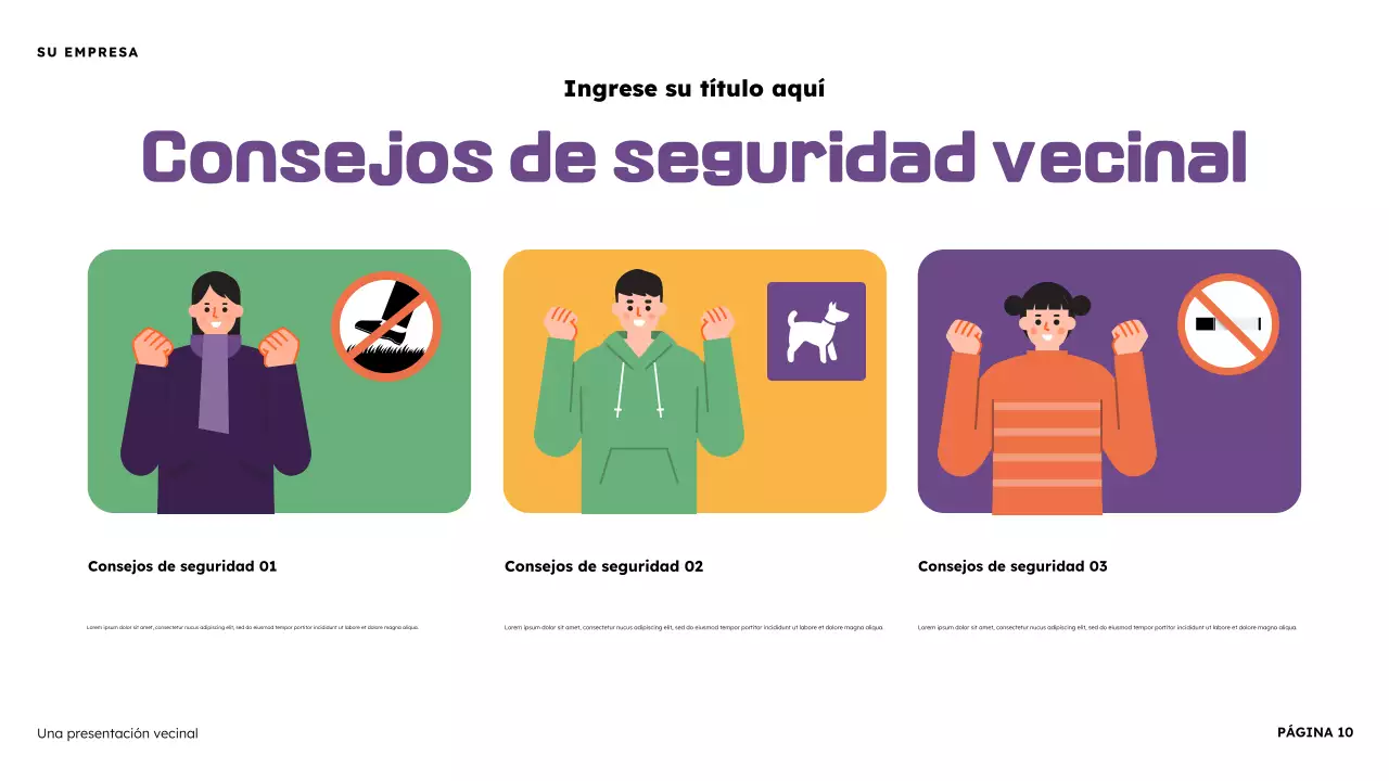 Presentación ilustrativa del vecindario naranja y morado