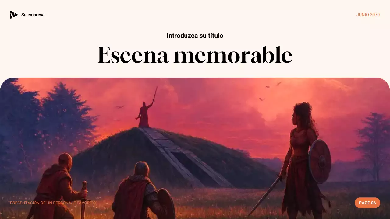 Presentación de personaje favorito con estética púrpura, verde y naranja