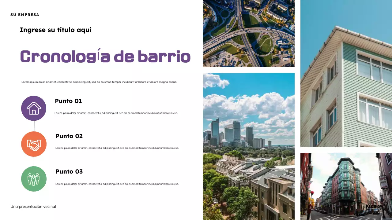 Presentación ilustrativa del vecindario naranja y morado