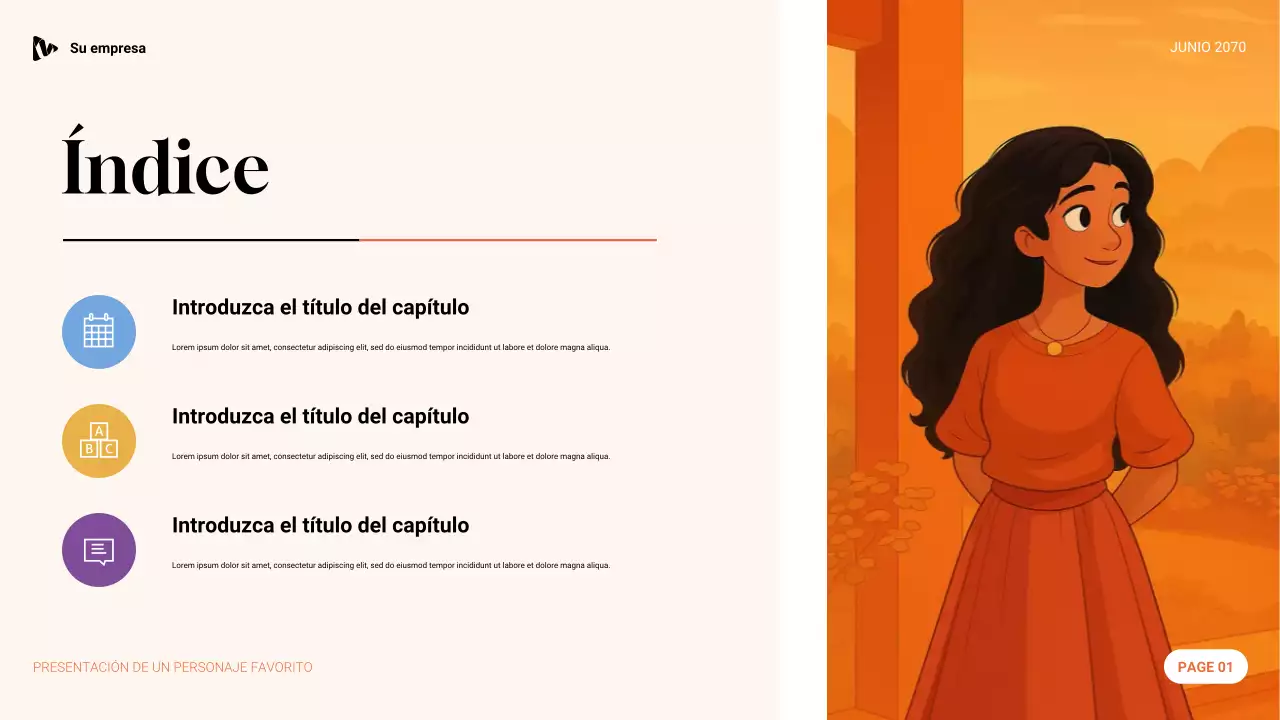 Presentación de personaje favorito con estética púrpura, verde y naranja