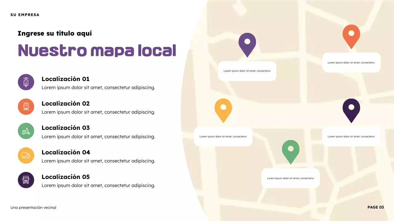 Presentación ilustrativa del vecindario naranja y morado